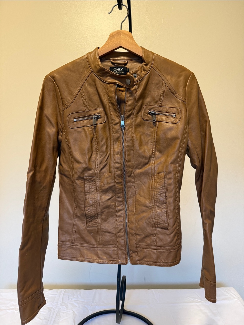 ONLY Women’s Cognac Brown Leather Bomber Jacket